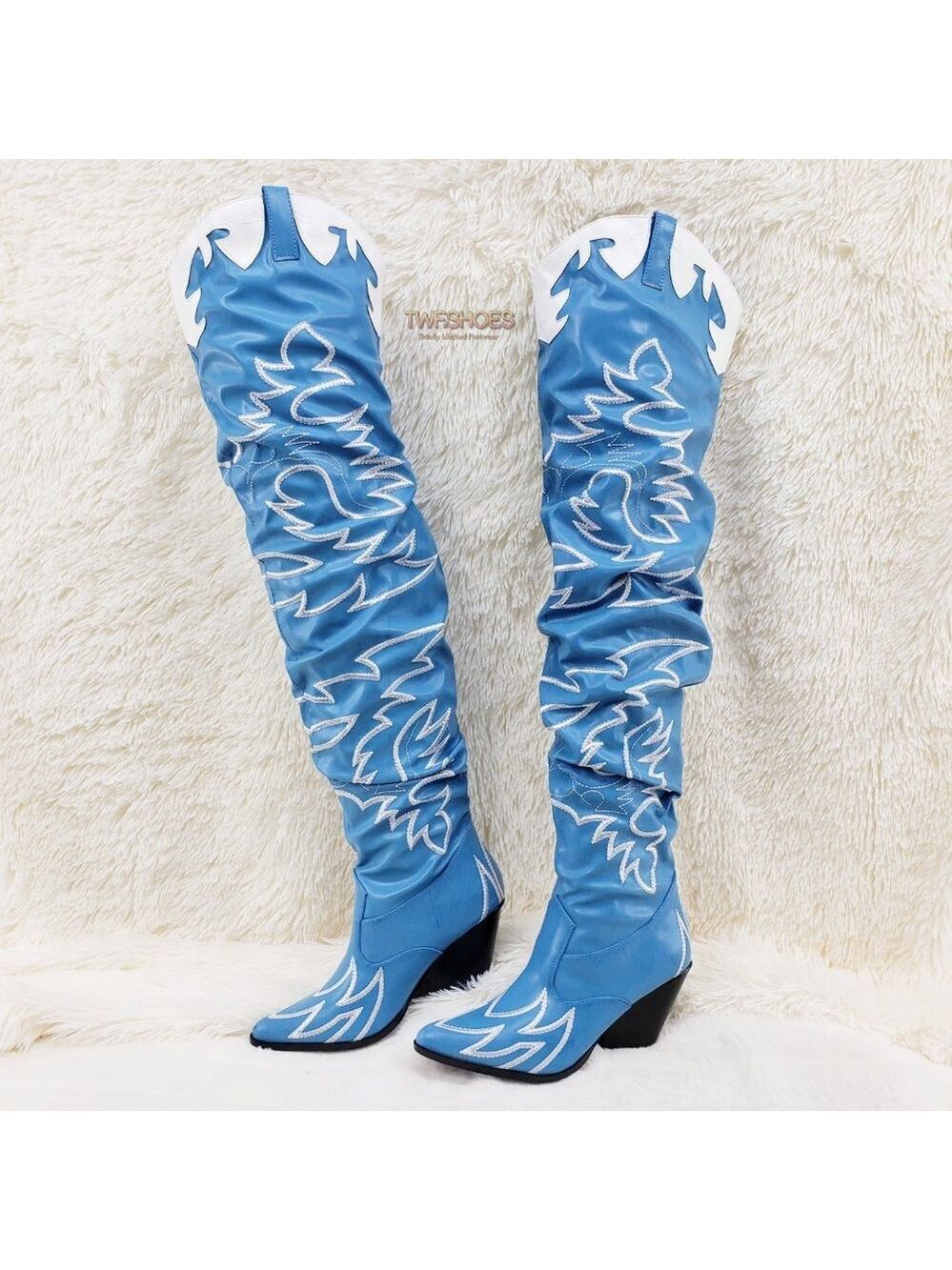 Turquoise Blue Embroidered White Western OTK Thigh High Slouch Cowboy Boots